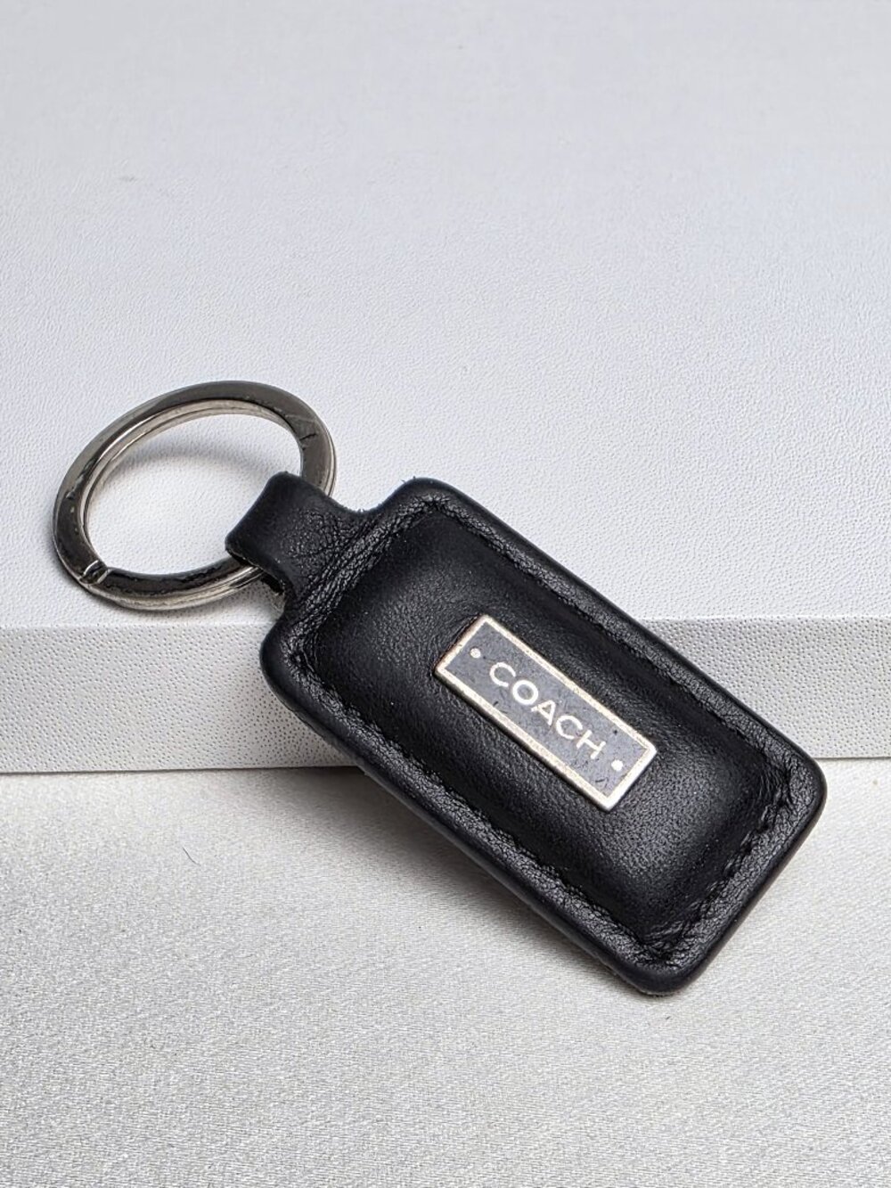 Coach Keychain Key Fob Black Leather Silver Logo Hardware